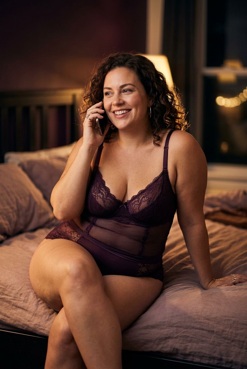 Plus-size woman in bed wearing a sexy lingerie