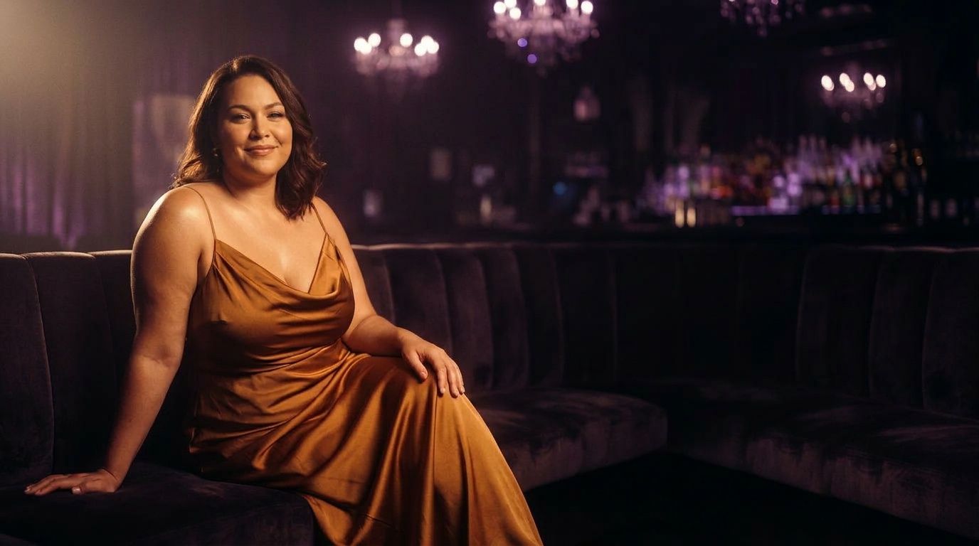 Elegant plus-size woman in warm gold and midnight plum lighting